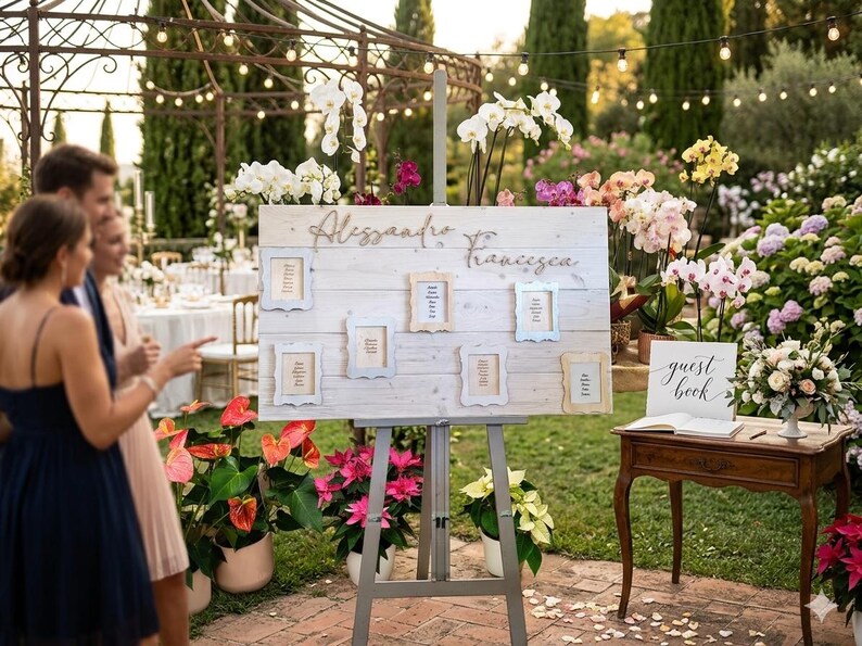 May include: A rustic wooden wedding seating chart on an easel, with the names "Alessandro" and "Francesca" in cursive. The chart features framed table assignments and is decorated with white orchids. A guest book table is nearby.