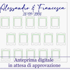 May include: A white rectangular design with a grid of twelve ornate picture frames. The text "Alessandro & Francesca" is written in a cursive font above the date "28/09/2008". Below the frames is the text "Anteprima digitale in attesa di approvazione".