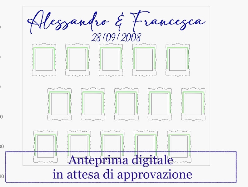 May include: A white rectangular design with a grid of twelve ornate picture frames. The text "Alessandro & Francesca" is written in a cursive font above the date "28/09/2008". Below the frames is the text "Anteprima digitale in attesa di approvazione".