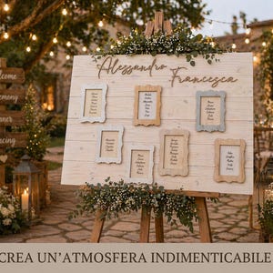 May include: A wooden wedding seating chart with the names "Alessandro Francesca" in cursive. Six framed cards display guest names. The sign is decorated with greenery and set on a wooden easel. The background includes a wooden signpost and string lights.