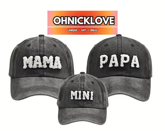 MOM DAD MINI Family Caps, Baseball Cap with fluffy embroidery in grey washed, Outdoor Cap T