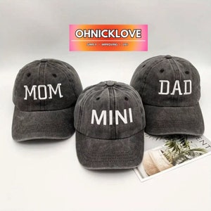 MOM DAD MINI Family Caps, Baseballkappe in grau ausgewaschen, Outdoorkappe T 3 Set (Mom,Dad,Mini)