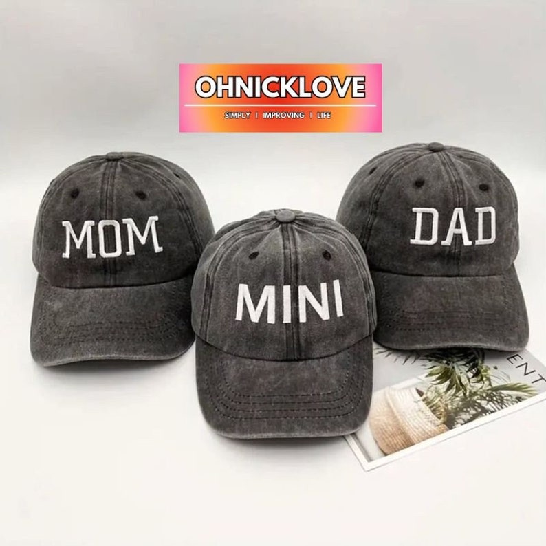 MOM DAD MINI Family Caps, Baseball Cap in grey washed, Outdoor Cap T 3 Set (Mom,Dad,Mini)