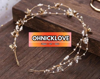 Goldenes Stirnband Tiara mit Perlenblumen und Perlen A