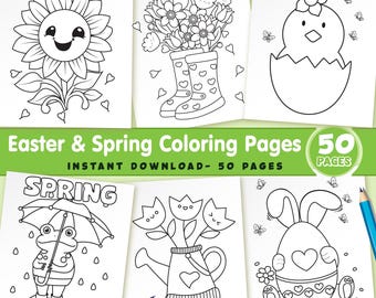 50 Spring Coloring Pages for Kids, Printable Coloring Book, Preschool & Toddler Activity Pages, Homeschool Worksheet, Instant Download