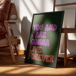 Póster de la canción &quot;Live Forever Oasis&quot; / Arte mural en tonos tierra, púrpura y rosa intenso / Impresión con letra musical / Decoración moderna retro
