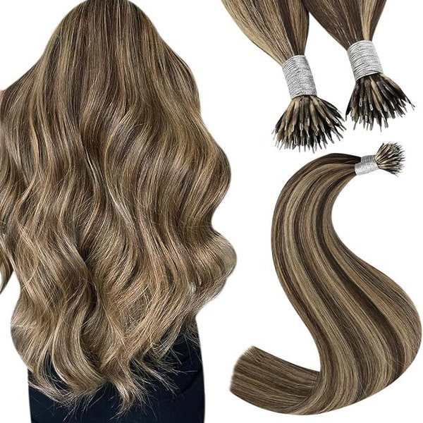 Dark Brown Highlights Caramel Blonde Nano Bead Hair Extensions Brown 14 Inch 1g/s 50g 1.1Nano #P4/27