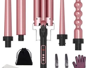 5-in-1 Curling Wand Set with 3 Barrel Hair Waver Interchangeable Waver for Long/Short Hair, Adjustment Temp