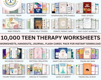 Teen mental health mega bundle, therapy worksheets, healing journey, depression, anxiety, cognitive distortions, affirmations, boundaries