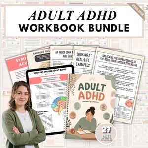 Può includere: Un pacchetto di quaderni di esercizi per adulti con ADHD, con una copertina a spirale che mostra l'illustrazione di una persona che scrive circondata da icone. Il set include diverse pagine con testo come Understanding Adult ADHD, Unlocking the Superpowers of the ADHD Brain e 27 Pages Included.