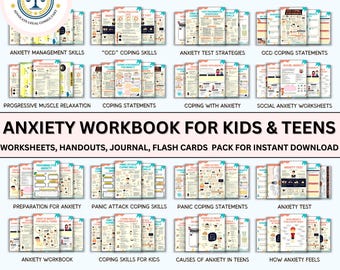 May include: A colorful digital download for an anxiety workbook for kids and teens. The workbook includes worksheets, handouts, a journal, and flash cards. The title of the workbook is "Anxiety Workbook for Kids & Teens".