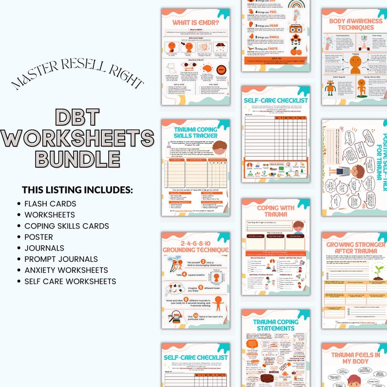 May include: A set of printable DBT worksheets for coping with trauma. The worksheets include a self-care checklist, trauma coping skills tracker, grounding technique, and more. The worksheets are designed to help people manage their emotions and develop healthy coping mechanisms.