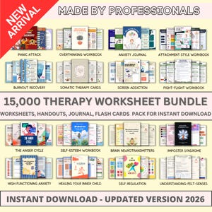 May include: A selection of therapy workbooks and worksheets covering topics such as anxiety, burnout, and self-esteem. The image displays various book covers with titles and the text "15,000 Therapy Worksheet Bundle" and "Instant Download - Updated Version 2026".