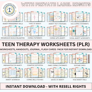 Teen therapy mega worksheet bundle, therapy workbook, therapist journal anxiety, psychology kids mental health, teenagers coping skill PLR