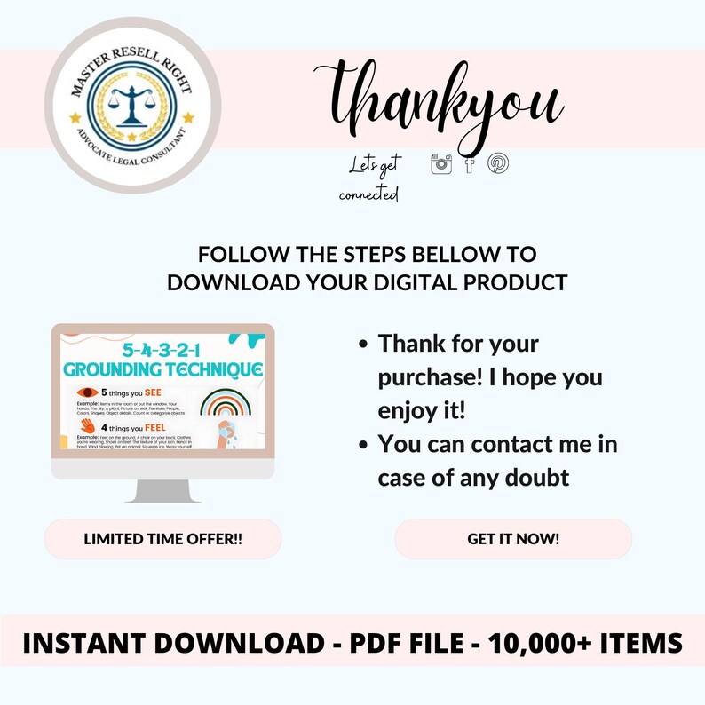 May include: A digital product download page with a pink and blue background. The page features a graphic of a computer screen displaying a grounding technique worksheet. The text "5-4-3-2-1 Grounding Technique" is displayed on the worksheet. The page also includes the text "Thank you!" and "Limited Time Offer!" in bold, white text. The text "Instant Download - PDF File - 10,000+ Items" is displayed at the bottom of the page.