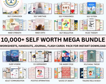 Self worth worksheet bundle, self esteem, confidence, teen girls, inner critic, self sabotage, self identity, mental health, CBT