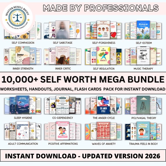 Self worth worksheet bundle, self esteem, confidence, teen girls, inner critic, self sabotage, self identity, mental health, CBT