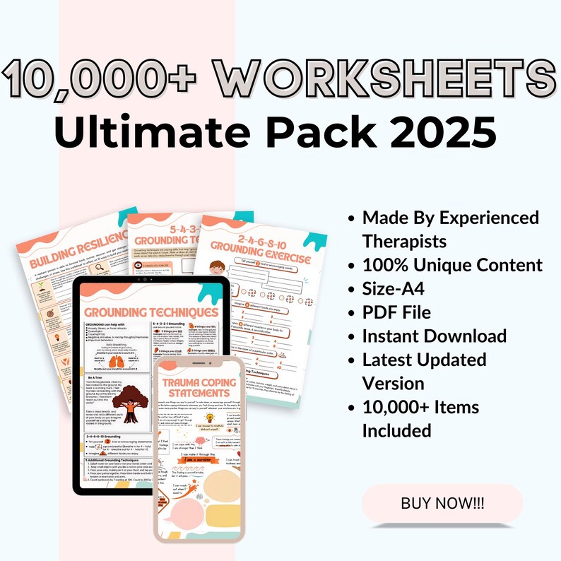 May include: A digital download pack of 10,000+ worksheets for therapists. The pack includes worksheets for building resilience, grounding techniques, and trauma coping statements. The worksheets are in PDF format and are available for instant download. The pack is available for purchase.
