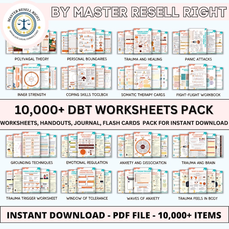 May include: A digital download pack of over 10,000 DBT worksheets, handouts, journals, and flash cards. The pack includes topics such as polyvagal theory, personal boundaries, trauma and healing, panic attacks, inner strength, coping skills, somatic therapy, and fight-flight response. The image shows a collage of colorful worksheets with illustrations and text.