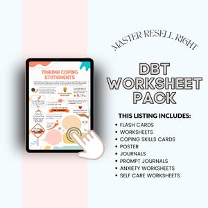 May include: A digital download for a DBT worksheet pack. The pack includes flash cards, worksheets, coping skills cards, a poster, journals, prompt journals, anxiety worksheets, and self-care worksheets. The image shows a tablet screen with a worksheet titled "Trauma Coping Statements".