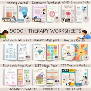 May include: A selection of digital therapy resources, including worksheets and journals. The image showcases various covers with titles such as "Anxiety Journal," "Depression Workbook," and "ADHD Executive Skills." The text includes "9000+ Therapy Worksheets" and "Instant Download - Digital File - Size A4 PDF."