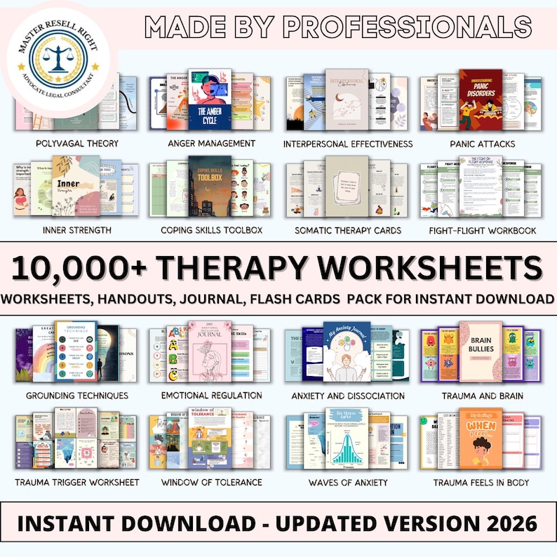 May include: A collection of therapy worksheets, handouts, journals, and flashcards. The image features various book covers with titles like "Anger Management," "Panic Attacks," and "Trauma and Brain." The text reads "10,000+ Therapy Worksheets" and "Instant Download - Updated Version 2026."