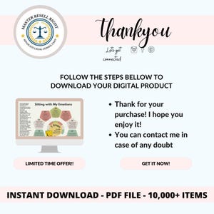 May include: A digital product advertisement with the text "Thank you" in a cursive font. The image includes a computer screen displaying a graphic titled "Sitting with My Emotions" and the text "Instant Download - PDF File - 10,000+ Items."