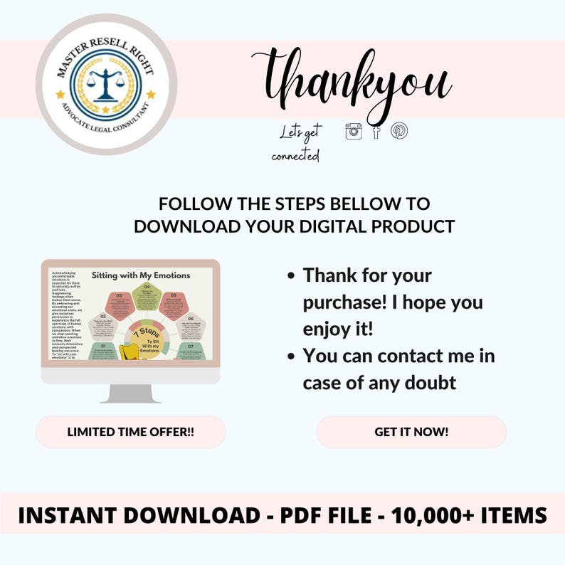 May include: A digital product advertisement with the text "Thank you" in a cursive font. The image includes a computer screen displaying a graphic titled "Sitting with My Emotions" and the text "Instant Download - PDF File - 10,000+ Items."