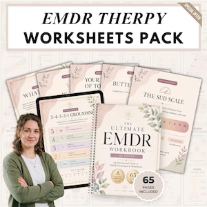 May include: A digital and printed EMDR therapy worksheets pack featuring a 65-page workbook, a 5-4-3-2-1 grounding worksheet, and a SUD scale chart. The materials have a soft pink and green botanical design with clear black text headings.