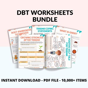 May include: A set of printable DBT worksheets for coping with trauma. The worksheets feature colorful illustrations and include topics such as body awareness techniques, trauma coping statements, growing stronger after trauma, and positive self-talk for trauma. The worksheets are titled "DBT Worksheets Bundle" and are available for instant download as a PDF file.