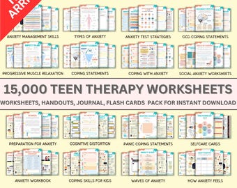 May include: A collection of 15,000 teen therapy worksheets, handouts, journals, and flashcards. The image features various colorful documents with titles like "Anxiety Management Skills" and "Coping Statements." The text "New Arrival" and "Instant Download - Updated Version 2026" are also visible.