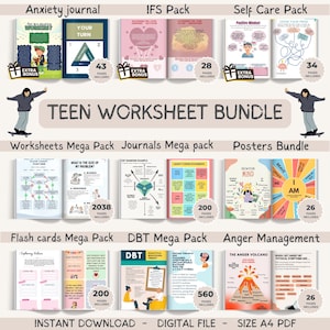 Può includere: Un Teen Worksheet Bundle con vari pacchetti, tra cui Anxiety Journal, IFS Pack e Self Care Pack. L'immagine mostra diversi quaderni di lavoro, flashcard e poster con titoli come "What is the Size of My Problem?" e "The Anger Volcano". Il testo "Instant Download - Digital File - Size A4 PDF" è anch'esso visibile.
