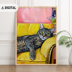 トレンディなタビー猫のソファアート、面白いカラフルな猫のマティーニプリント、風変わりな気まぐれなポスター、カクテルバーカートアート、猫の壁アート、モダンな室内装飾