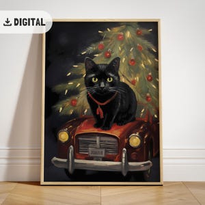 Vintage zwarte kat kerstkunstdruk: kattenliefhebber afdrukbare kerstvakantie wanddecoratie