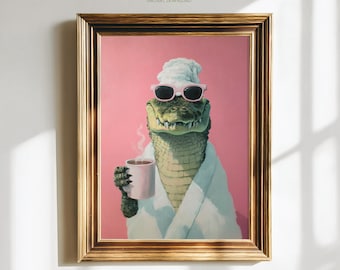 Funny Alligator Coffee Art print, Gator Bathroom Wall Decor, Whimsical Crocodile Artwork, Maximalist Poster