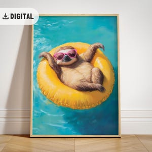 Vintage print luiaard, trendy zomerschilderij, positieve sfeer kunst strand zwembad feest decoratie kust afdrukbare muur kunst poster zomer ontspannen