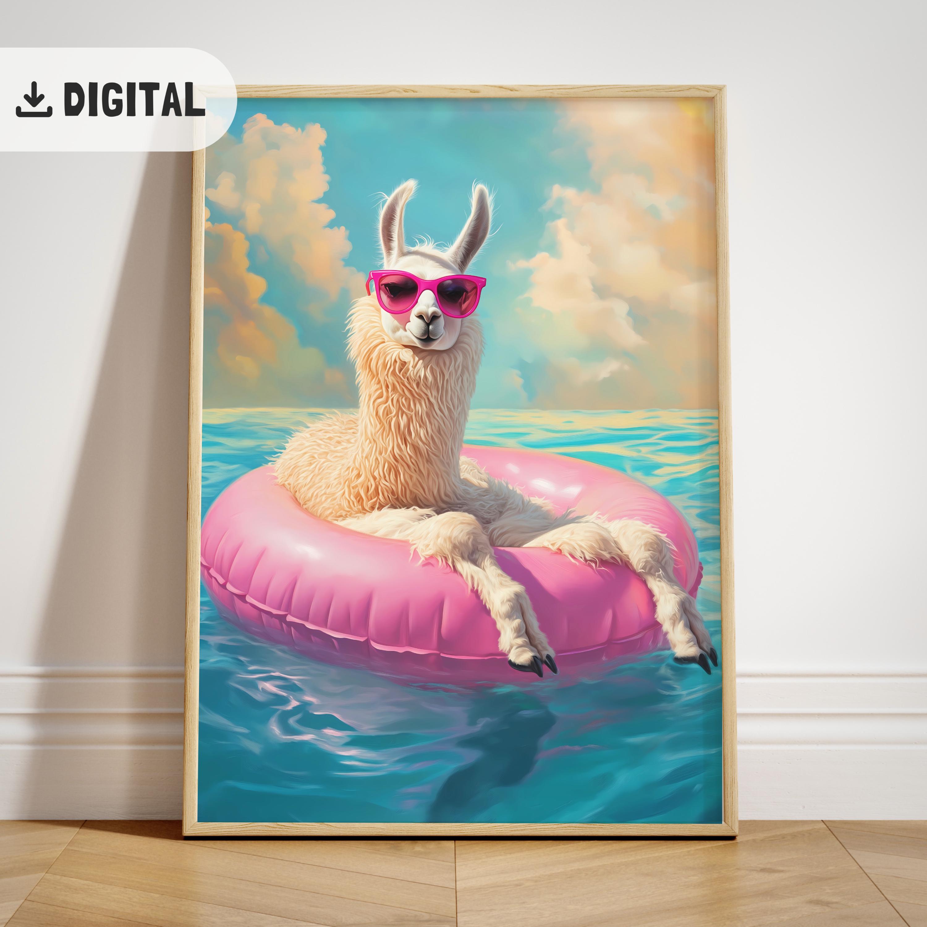 Trendy Llama Print, Funny Summer Pool Party Decoration, Positive Vibes Art Beach painting Lama Animal Coastal Printable wall art Funky Decor