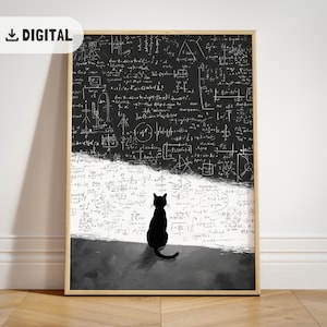 Op de afbeelding: Een ingelijste digitale print met een zwart katten silhouet tegen een muur bedekt met wiskundige vergelijkingen. De achtergrond is verdeeld, met de bovenste helft zwart en de onderste helft wit, wat een sterk contrast creëert. De print zit in een houten lijst.