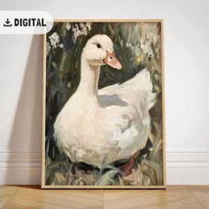Vintage boerderij eend print, esthetische cottagecore muurkunst, retro afdrukbare woondecoratie natuur olieverfschilderij poster gans keukeninrichting