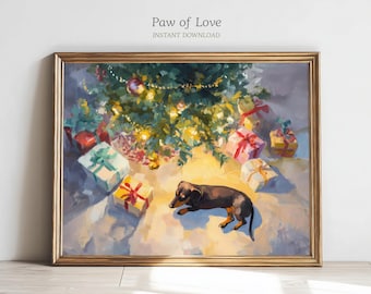 May include: A framed oil painting print titled Paw of Love featuring a black and tan dachshund lying on a floor beneath a decorated Christmas tree with glowing lights and several wrapped gift boxes with ribbons in various colors and patterns.
