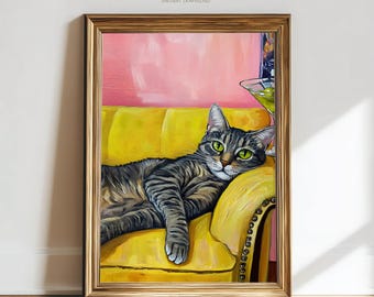 Funny Tabby Cat Martini Couch Print, Cocktail Bar Cart Art, Whimsical Home Wall Decor