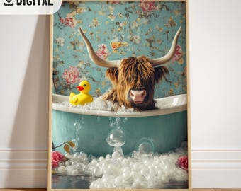 Funny Highland Cow Bathroom print, Bathtub Highland Cow wall art, Vintage Farmhouse Decor, Quirky Toilet Animal painting Maximalist Decor WC