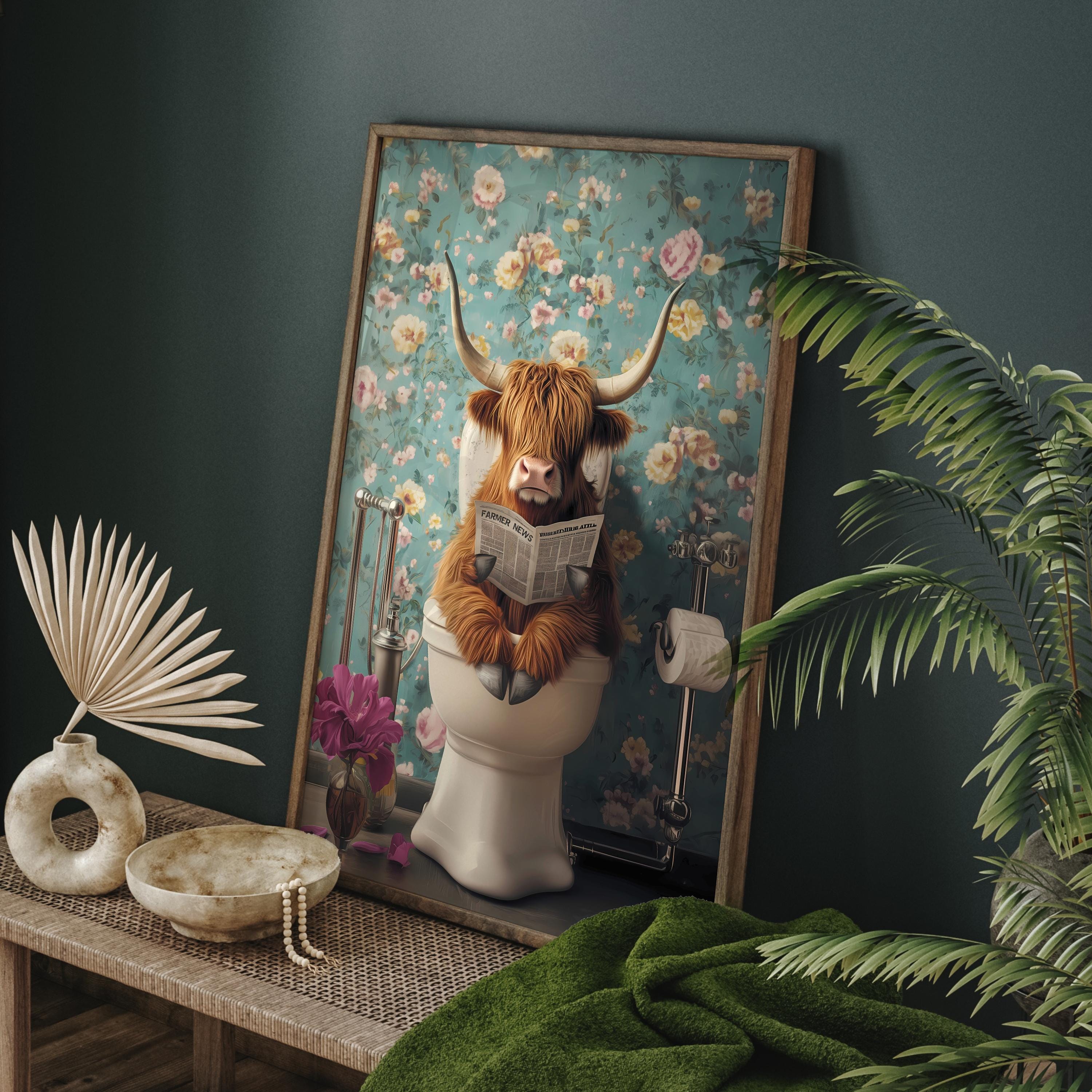 Funny Highland Cow Bathroom Print, Highland Cow Toilet Wall Art ...