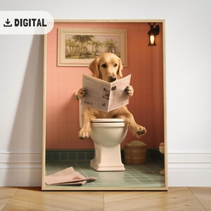 Trendy Golden Retriever Toilet Wall art Funny Dog Bathroom Decor Quirky Golden Reading Newspaper Print Dogful Toilet Humor Poster WC Dog mom