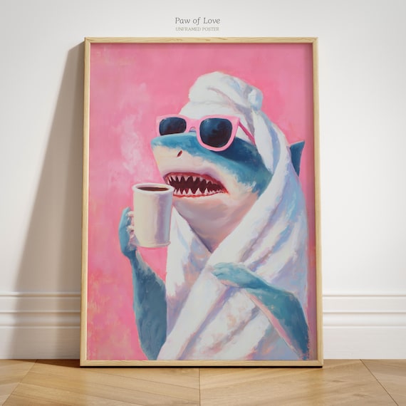 UNFRAMED Funny Shark Coffee Art print, Shark Bathroom Wall Decor, Whimsical Artwork, Maximalist Poster