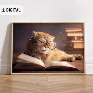 かわいい猫の読書ポスター、学校の教室の装飾、子供部屋の装飾、ヴィンテージの読書壁アート、本好きのプリントの面白い本の虫アート保育園