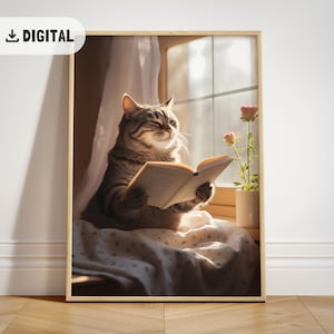 Süße Katze Lese Poster Katzenliebhaber Geschenk Trendy Mädchen Schlafzimmer Dekor Vintage Leser Wandkunst Bücherwurm Druck Catful Aesthetic homedecor Bücherwurm