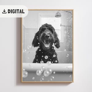Black Goldendoodle Bathroom Wall Art, Funny Home Decor Print, Doodle on the Bath, Quirky Art Dog Toilet Poster, Pet Portrait Dog Bathtub WC