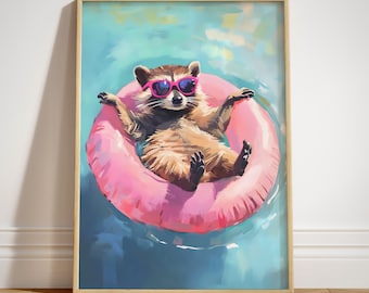 May include: A digital art print titled Paw of Love featuring a brown and grey raccoon wearing bright pink sunglasses while floating in a large, circular, vibrant pink inflatable ring on top of blue, painterly, textured water.