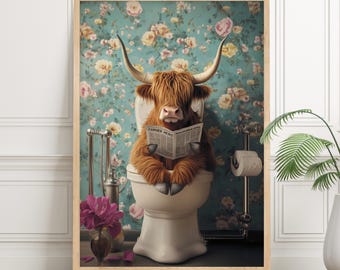 UNFRAMED Highland Cow Bathroom print, Funny Toilet Cow wall art, Vintage Farmhouse Decor, Quirky Toilet Animal painting Maximalist Decor WC